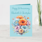 Carte 1er Anniversaire gerbera fleurs bleu (Devant)