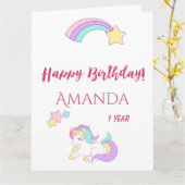 Carte 1er anniversaire licorne rose blanc mignon (Fleur jaune)