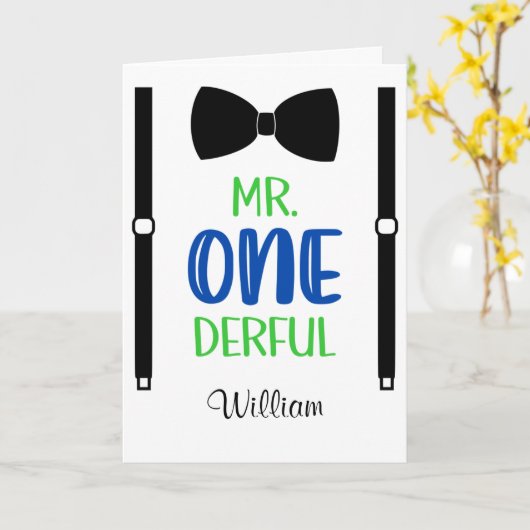 Carte 1er anniversaire M. Onederful Suspender Boy Un an (Fleur jaune)