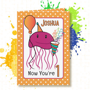 Carte 1er anniversaire mignon Mer Cartoon Animal Jellyfi