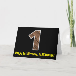Carte 1er anniversaire : Nom + Faux Wood Grain Motif "1"
