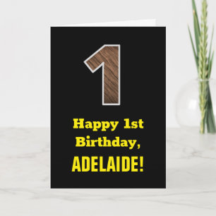 Carte 1er anniversaire : Nom, Motif Faux Wood Grain "1"
