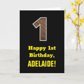 Carte 1er anniversaire : Nom, Motif Faux Wood Grain "1" (Fleur jaune)