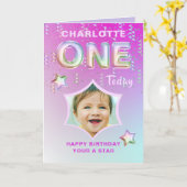 Carte 1er anniversaire Parties scintillant arc-en-ciel P (Fleur jaune)