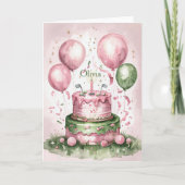 Carte 1er Anniversaire Pink Green mignonne Golfer Nom de (Devant)