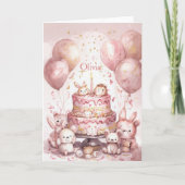 Carte 1er Anniversaire Pink mignonne Animaux Fille Nom (Devant)