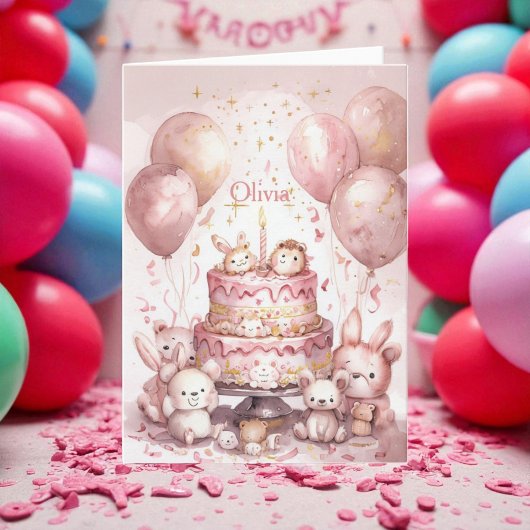 Carte 1er Anniversaire Pink mignonne Animaux Fille Nom