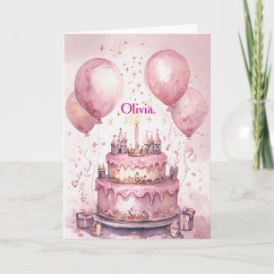 Carte 1er anniversaire Pink Princess Castle Nom de la fi