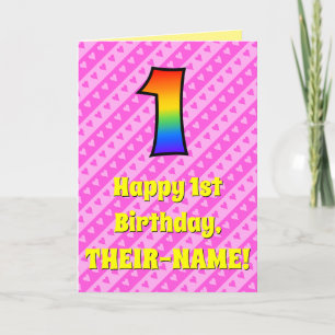 Carte 1er anniversaire : Pink Stripes & Hearts, Rainbow