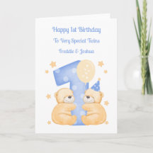 1er Anniversaire Polka Dot Teddies Twin Boys Card