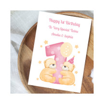 1er Anniversaire Polka Dot Teddies Twin Girl Card