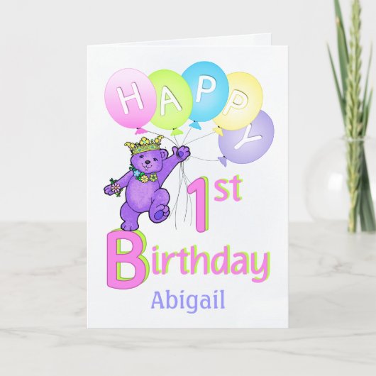 Carte 1er anniversaire Princesse Ours, Nom personnalisé (Devant)