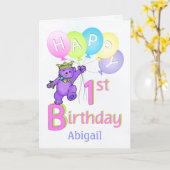 Carte 1er anniversaire Princesse Ours, Nom personnalisé (Fleur jaune)