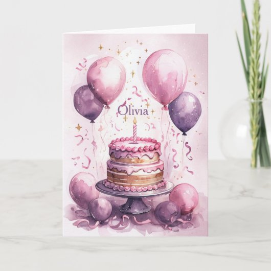 Carte 1er Anniversaire Rose Violet mignon Princesse Nom  (Devant)