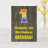 Carte 1er anniversaire : Rustic Faux Wood Look, Rainbow  (Fleur jaune)