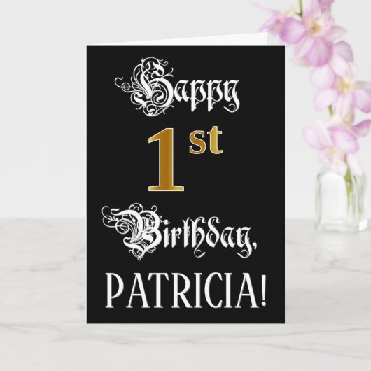 Carte 1er Anniversaire — Script fantaisie; Look or Faux; (Orchidée)