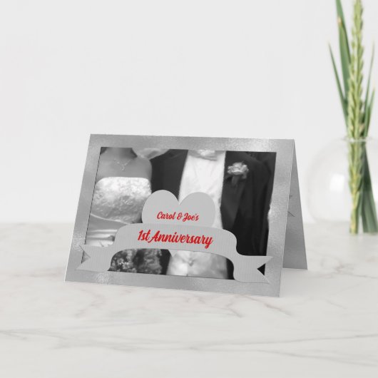 Carte 1er Mariage Anniversaire Niveaux de gris avec coeu (Devant)