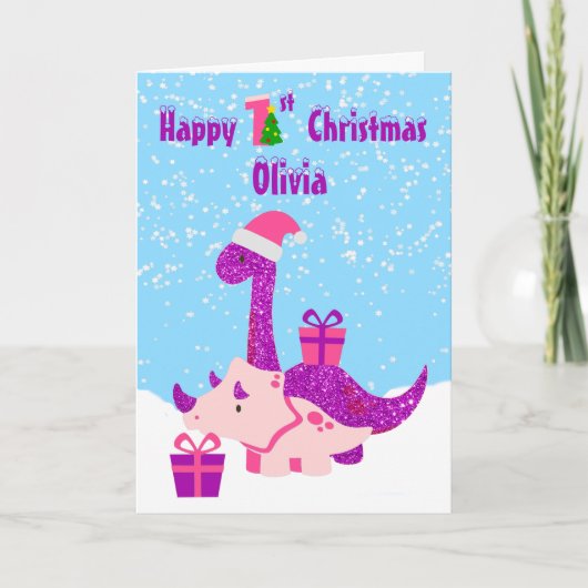 Carte 1er Noël Dinosaure Purple Personnalisé (Devant)