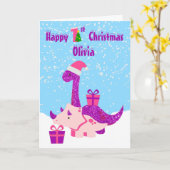 Carte 1er Noël Dinosaure Purple Personnalisé (Fleur jaune)
