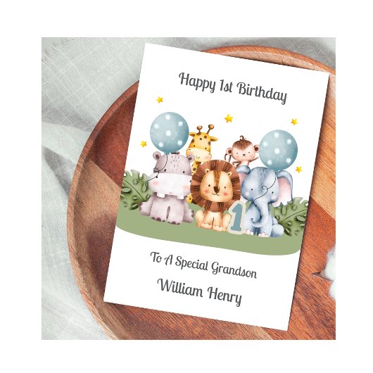 Carte 1st Birthday Boy Safari Leaf Animals Card
