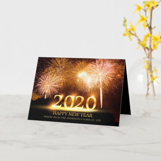 Carte 2020 Joyeux Nouvel An Elegant Feu d'artifice Salut (Fleur jaune)