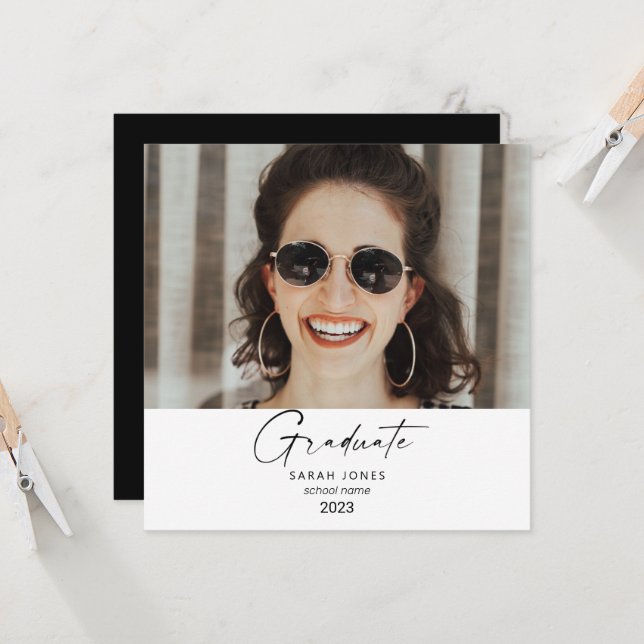 Carte 2023 Deux photos Collage Black Graduation Party (Devant/Arrière en situation)