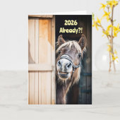 Carte 2025 Happy New Year Cute Fuzzy Pony Horse Barn (Fleur jaune)