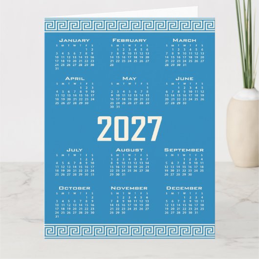 Carte 2027 Calendar, Greek Fret, Cosmic Latte on Blue (Devant)