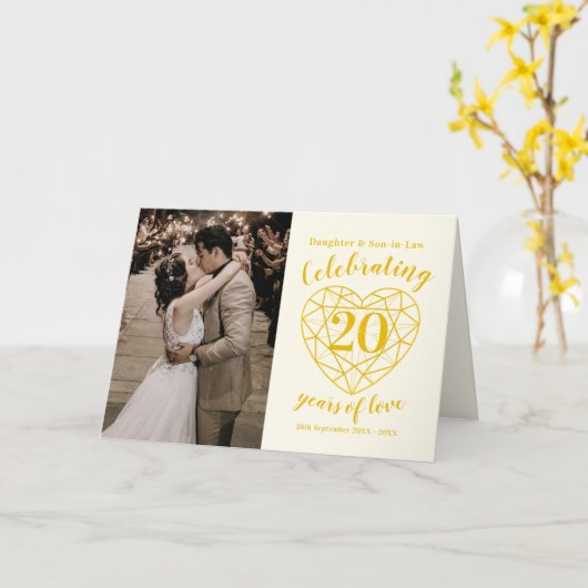 Carte 20e anniversaire du Mariage coeur en diamant doré (Fleur jaune)