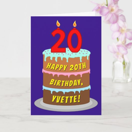 Carte 20e anniversaire : Fun Cake and Candles + Nom pers (Orchidée)