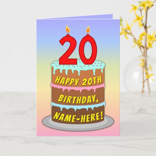 Carte 20e anniversaire — Fun Cake & Candles, avec nom pe (Fleur jaune)