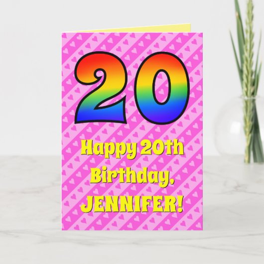Carte 20e anniversaire : Pink Stripes & Hearts, Arc en c (Devant)