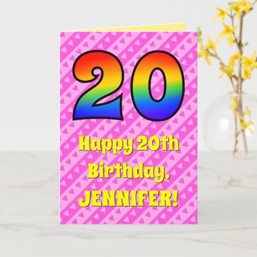 Carte 20e anniversaire : Pink Stripes & Hearts, Arc en c (Fleur jaune)