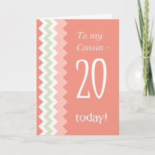 Carte 20e anniversaire pour cousin, chevrons corail et m