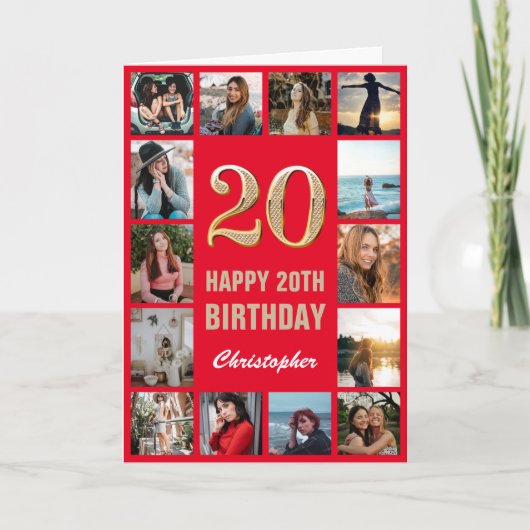 Carte 20e Joyeux Anniversaire Rouge et or Collage photo (Devant)