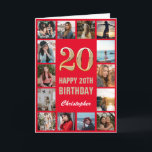 Carte 20e Joyeux Anniversaire Rouge et or Collage photo<br><div class="desc">20th Happy Birthday Red and Gold Photo Collage Birthday Card. Pour plus de personnalisation,  cliquez sur le bouton "Customiser" et utilisez notre outil de conception pour modifier ce modèle.</div>