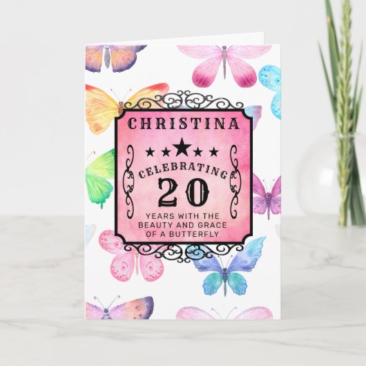 Carte 20th Birthday Pink Watercolor Butterfly Greeting (Devant)