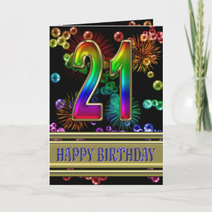 Carte 21e anniversaire avec bulles arc-en-ciel et feux d