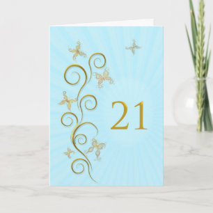 Carte 21e anniversaire avec des papillons dorés