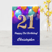 Carte 21e Anniversaire Ballons bleu et or couleur marine (Fleur jaune)