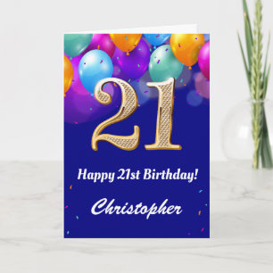 Carte 21e Anniversaire Ballons bleu et or couleur marine