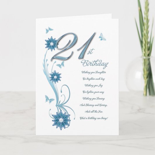 Carte 21e anniversaire en turquoise avec fleurs et papil (Devant)