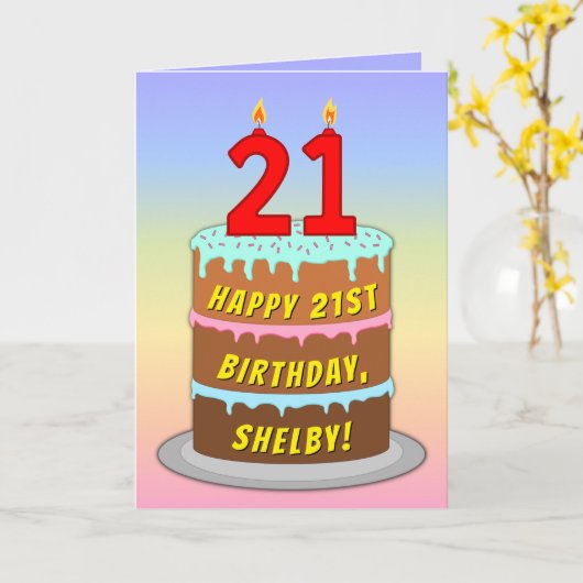 Carte 21e anniversaire — Fun Cake & Candles, avec nom pe (Fleur jaune)