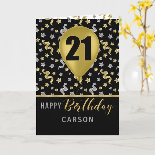 Carte 21e anniversaire Gold et Silver Confetti Balloon (Fleur jaune)