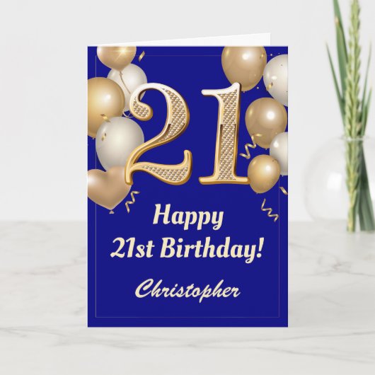 Carte 21e anniversaire Marine Bleu et Ballons d'or Confe (Devant)