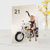 Carte 21e anniversaire, moto et fille (Fleur jaune)
