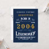 Carte 21e anniversaire Né 2004 Légende Blue Gold Salutat (Devant/Arrière en situation)