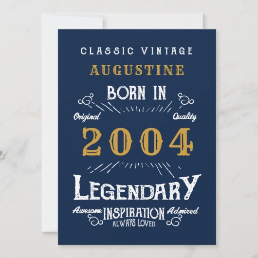 Carte 21e anniversaire Né 2004 Légende Blue Gold Salutat (Devant)