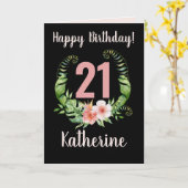 Carte 21e anniversaire noir Floral Fille Nom (Fleur jaune)