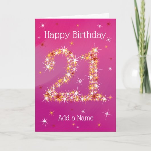 Carte 21e anniversaire - Numéro 21 en étoiles rose viole (Devant)